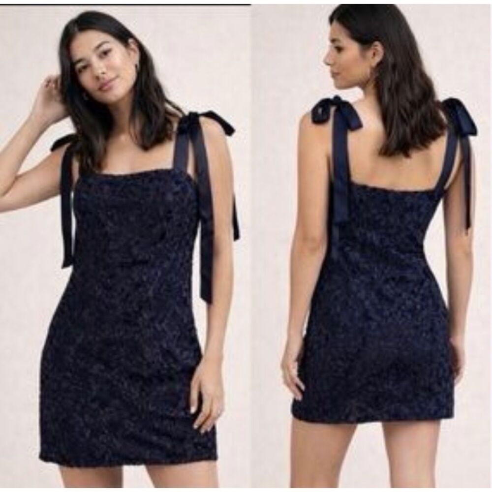 HOUSE OF HARLOW 1960 Velvet Navy Blue Ribbon Tie Damask Mini Dress Womens Medium